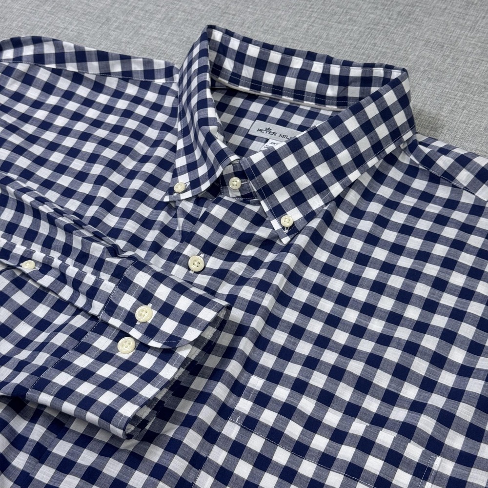 Peter Millar Button-Down Shirt Mens 2XLT Blue Long Sleeve Check Cotton Spandex